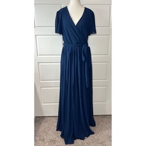 BALTIC BORN Navy Blue Faux Wrap Flutter Sleeve Maxi‎ Dress Slit Size Large